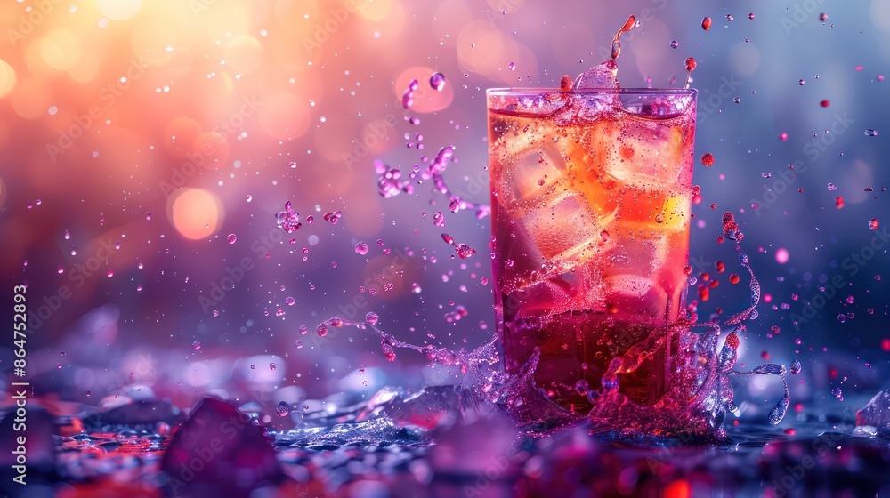 Poster a glass of a drink with ice in it is splashing water all over the table