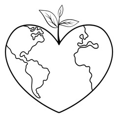 Black doodle world heart shape and small tree.