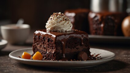 hot chocolate brownie dessert ice cream ball and slice of chocolate cake, luxury sweet snack in high end restaurant.