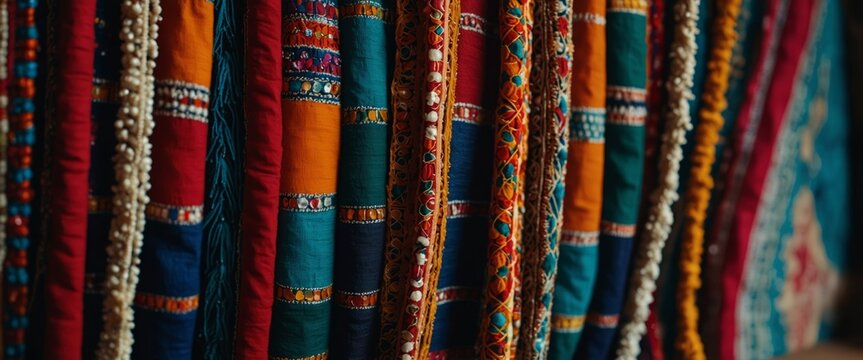 colorful handmade ahir bharat, kutchhi bharat,Mirrored embroidery work typical of the Ahir tribe in Gujarat, India,.
