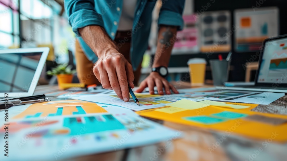 Poster a man is drawing on a table with a pencil and a yellow sticky note