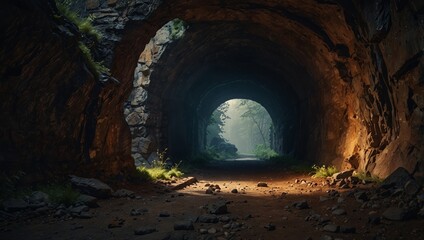 Discover the hidden beauty within a hazy tunnel, adorned with ancient rocks and rusted iron, evoking a sense of intrigue.