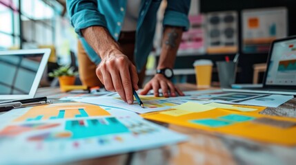 Obraz premium A man is drawing on a table with a pencil and a yellow sticky note