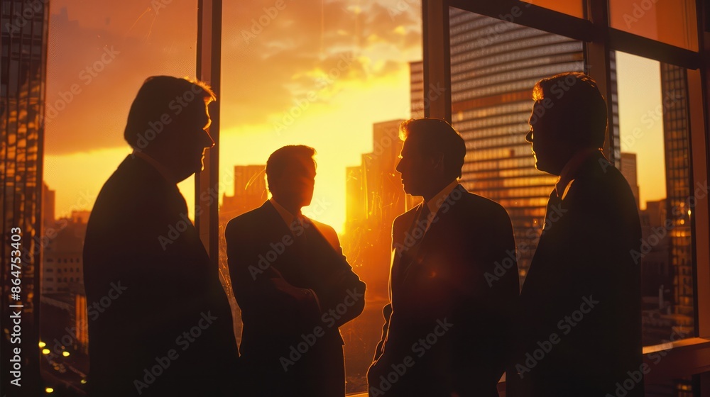 Poster a group of men are standing in front of a window