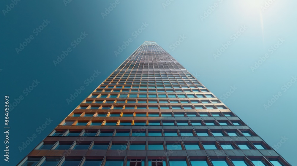 Poster a tall building with many windows and a blue sky in the background