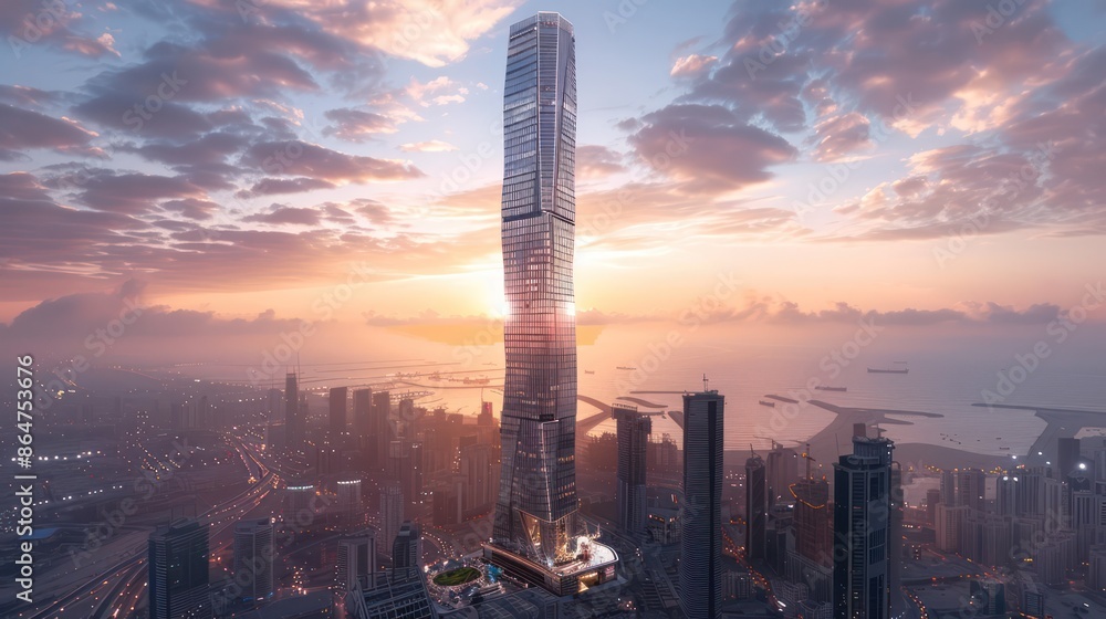 Poster A tall building with a sun setting in the background