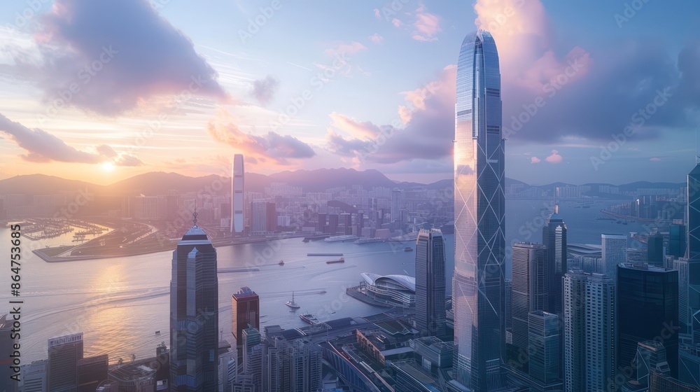 Poster a city skyline with a large building in the middle