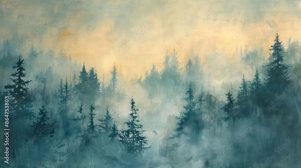 Poster a painting of a forest with trees and mist