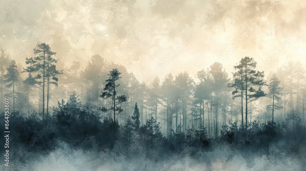 Poster a forest with trees in the background and a misty sky