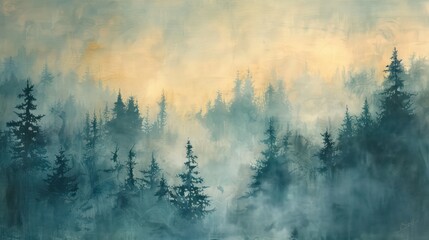 A painting of a forest with trees and mist