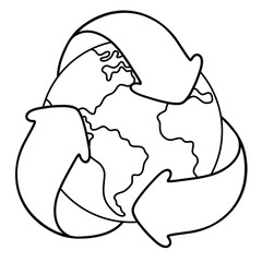 Black doodle Earth with Recycle symbol.	
