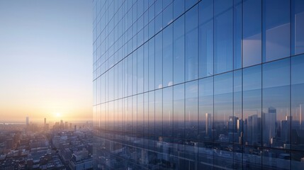 A city skyline with a large glass building in the middle