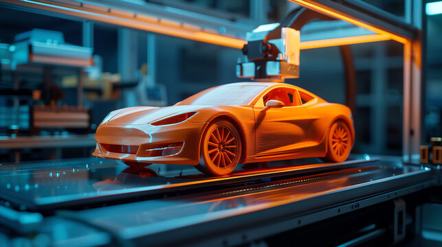 3D Printed Model Car in High-Tech Workshop