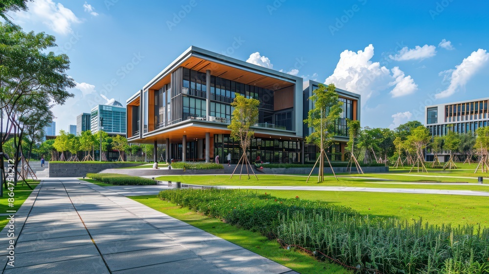 Poster a large building with a lot of windows and a green lawn