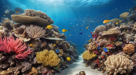The diverse ecosystem of a coral reef, showcasing vibrant marine life and the intricate details of the underwater environment

