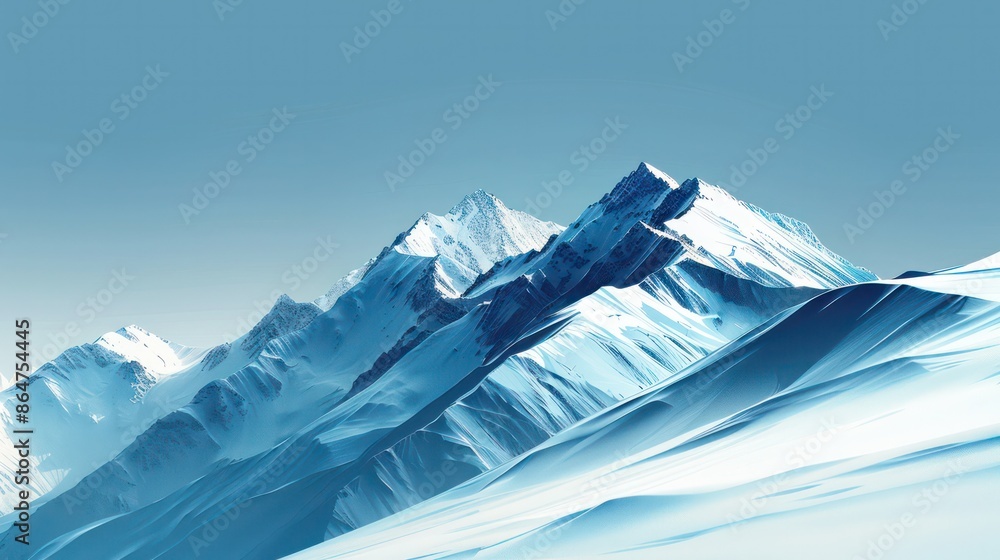 Poster a mountain range covered in snow with a blue sky in the background