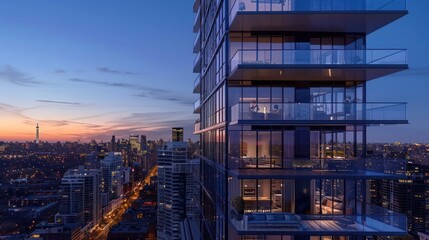 A tall building with a glass facade and balconies overlooking a city at night