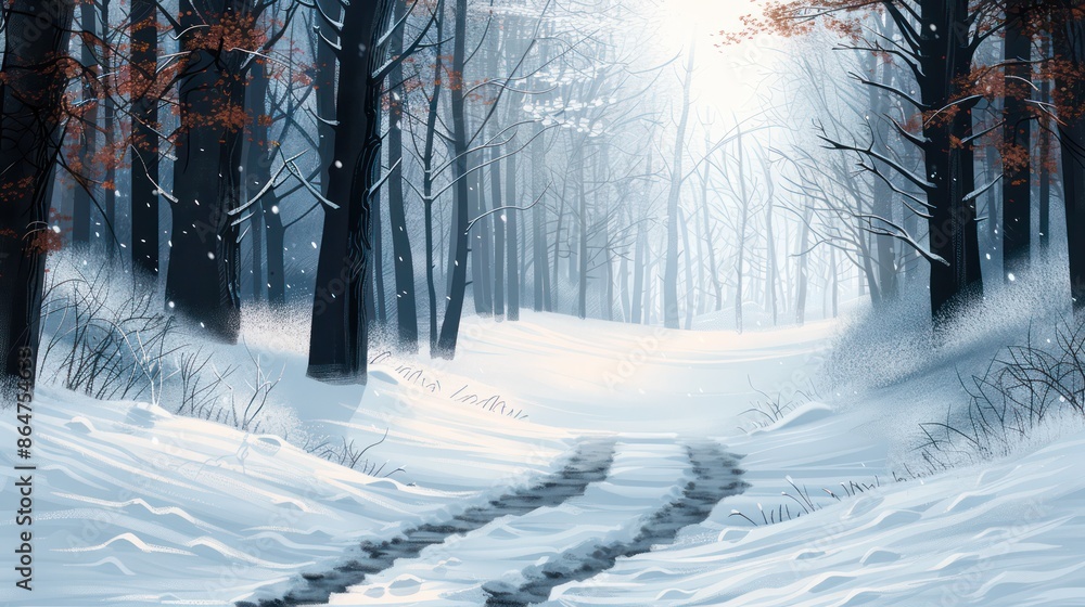 Poster A snowy forest with a path through it