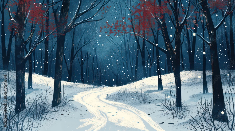 Poster A snowy forest with a path through it