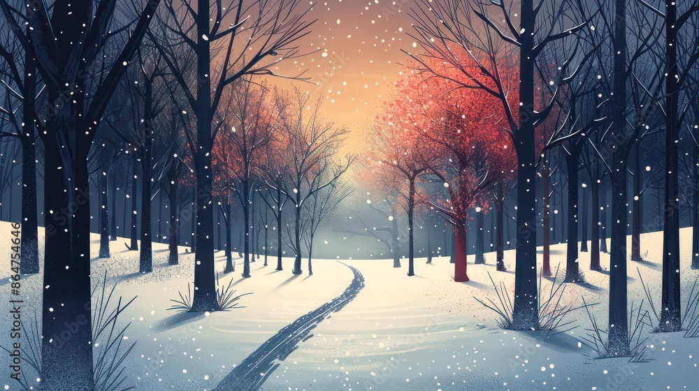 Poster A snowy forest with a path through it