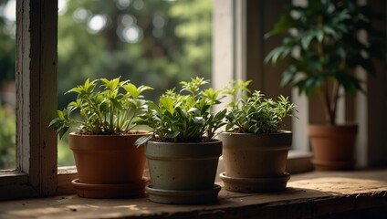Healthy potted green plants displayed on a well-lit wooden window ledge.