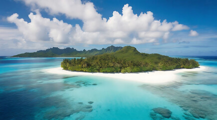 Fototapeta premium The serene beauty of a remote island, showcasing crystal-clear waters, white sandy beaches, and tropical flora. Include aerial shots and ground-level perspectives