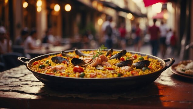 Fototapeta Spanish paella prepared in the street restaurant.