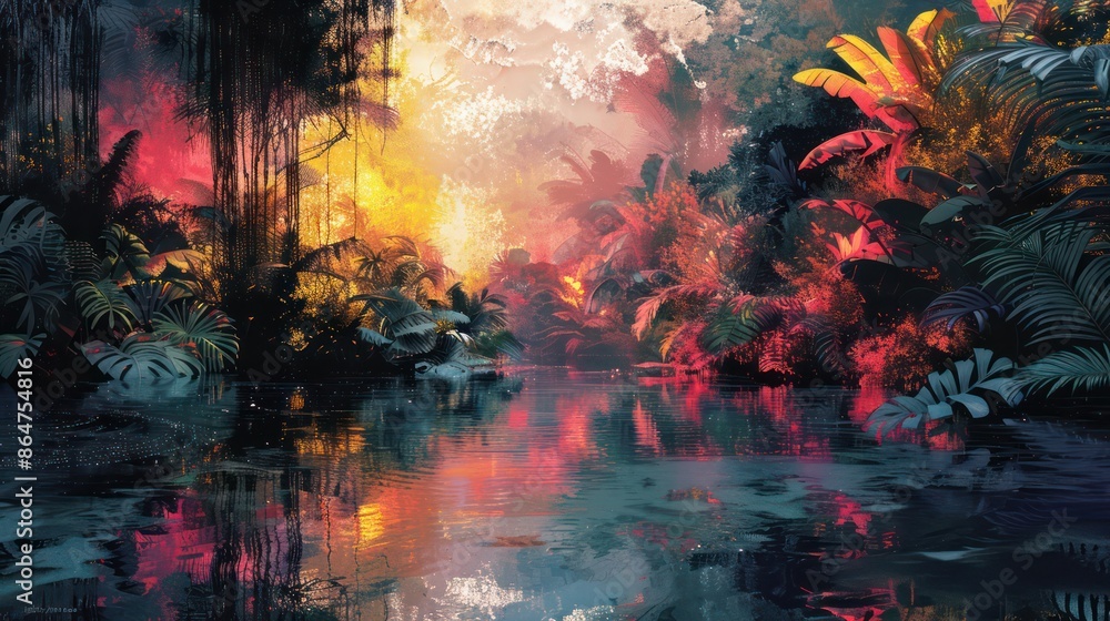Poster a painting of a jungle with a river running through it