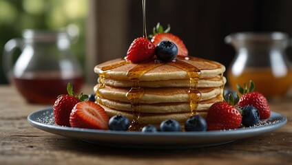 Pancakes with fresh strawberries, blueberry and maple syrup for a breakfast, honey pouring on delicious homemade pancakes with copy space.