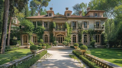 Obraz premium A large house with a large garden and a stone walkway