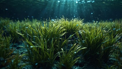 Obraz premium Underwater background of green sea grass and blue water.