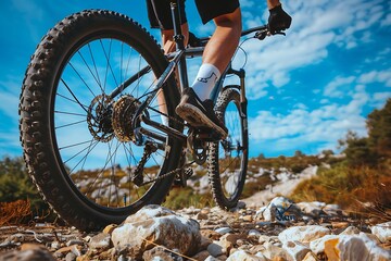 a professional mountain biker riding on rocky terrain, side view of the bike and rider wearing black shorts with blue accents and white socks, focus is wheel close-up shot, blue sky in the background,