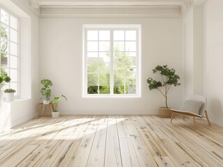Fototapeta premium Empty white living room with only a few pieces of furniture, small Windows looking out onto the garden, wooden floors, natural light