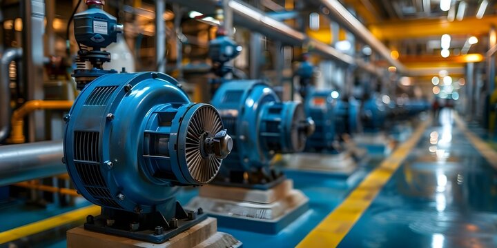 Showcasing Water Pumps in a Standard Power Plant Display. Concept Water Pumps, Standard Power Plant, Industrial Machinery, Pumping Systems, Energy Production