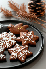 A plate of beautifully decorated gingerbread cookies in the shape of stars and a bird, with a cozy background