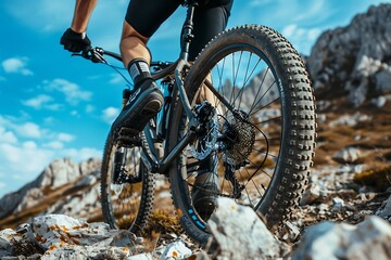 a professional mountain biker riding on rocky terrain, side view of the bike and rider wearing black shorts with blue accents and white socks, focus is wheel close-up shot, blue sky in the background,