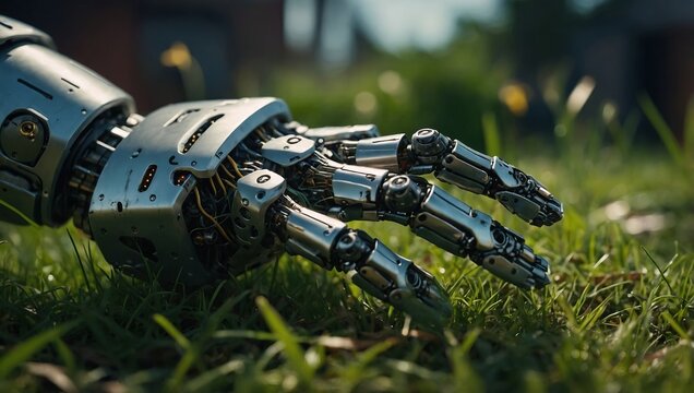 Grass hand touching robot hand, poligons.