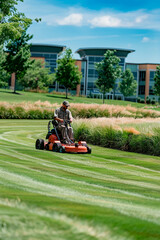 A man mowing the lawn on a sunny day in a well-maintained park with modern buildings in the background