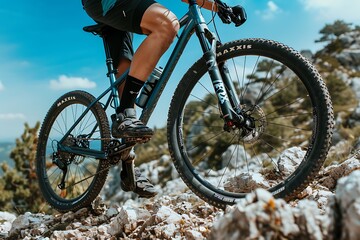 a professional mountain biker riding on rocky terrain, side view of the bike and rider wearing black shorts with blue accents and white socks, focus is wheel close-up shot, blue sky in background,