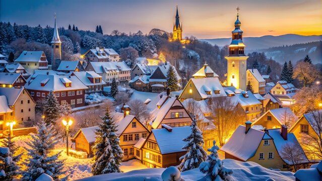 Snow-covered rooftops and steeples aglow with festive lights, Seiffen's charming houses and historic church shine brightly amidst a winter wonderland in Saxony, Germany.