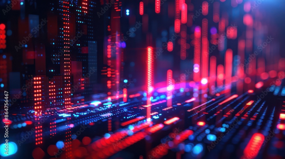 Poster A computer generated image of a cityscape with red and blue lights