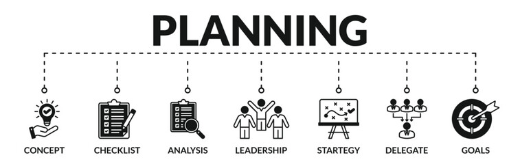 Banner of planning web vector illustration concept with icons of concept, checklist, analysis, leadership, strategy, delegate, goals