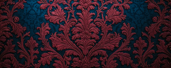 A close-up of a red damask pattern with intricate floral details against a deep blue background