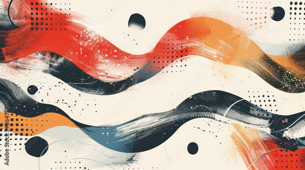 Poster a painting of a wave with splatters of paint and dots