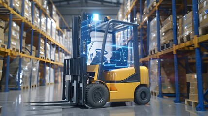 Fototapeta premium Modern warehouse scene with an AI-controlled forklift and augmented reality holograms for optimized storage, showcasing robotics and AR in logistics