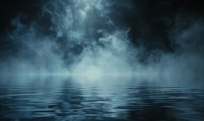 Fototapeta premium Moody Fog Over a Calm Blue Lake at Night
