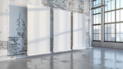 blank roll up banner display stands loft interior. Roll up blank white banner