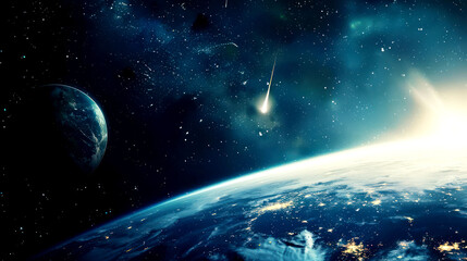 Obraz premium flying meteor in wide of deep space