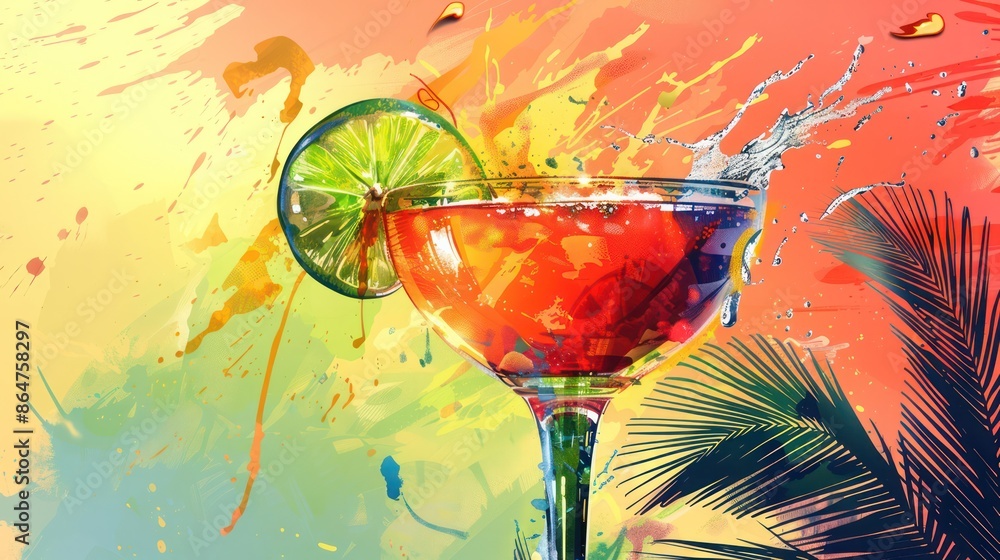 Poster a colorful painting of a drink in a glass with a lime slice on top