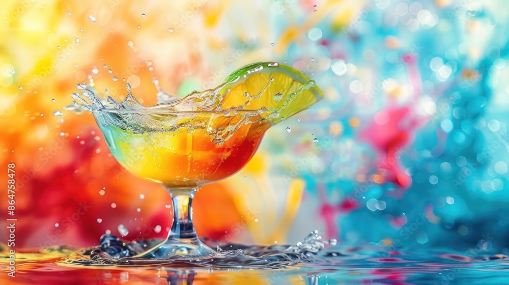 Poster a glass of colorful drink with a lime slice in it